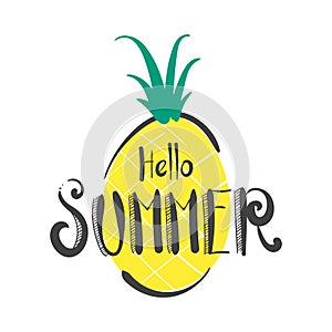 Hand Drawn Hello Summer Letter with Pineapple Background