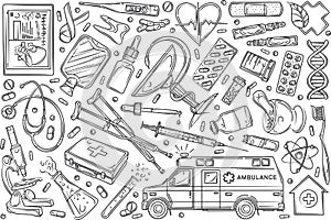 Hand drawn helthcare set doodle vector background photo