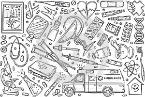 Hand drawn helthcare set doodle vector background