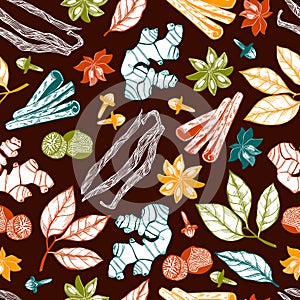 Hand-drawn herbs and spices background. Food seamless pattern. Kitchen spice sketches for packaging, fabric, menu, labels. NOT AI