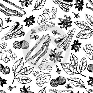 Hand-drawn herbs and spices background. Food seamless pattern. Kitchen spices sketches. Minimalist design for packaging, fabric,