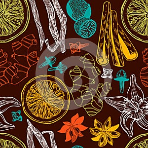 Hand-drawn herbs and spices background. Vinatge food seamless pattern. Kitchen spices sketches - cinnamon, vanilla, cloves, nutmeg