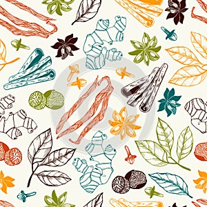 Hand-drawn herbs and spices background. Vinatge food seamless pattern. Kitchen spices sketches for packaging, fabric, menu, labels