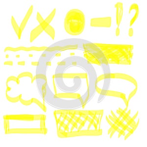 Hand drawn highlight marker lines set. Highlighter yellow strokes vector isolated on white background. Highlighter