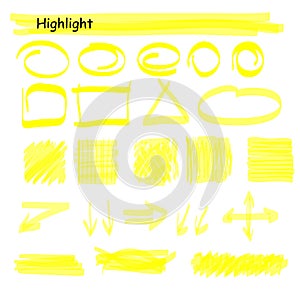 Hand drawn highlight marker lines set. Highlighter yellow strokes vector isolated on white background. Highlighter
