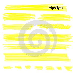 Hand drawn highlight marker lines set. Highlighter yellow strokes vector isolated on white background. Highlighter