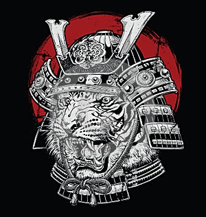 Hand drawn highly detailed Japanese tiger samurai vector illustration on black ground photo