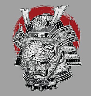 Hand drawn highly detailed Japanese tiger samurai vector illustration on grey ground