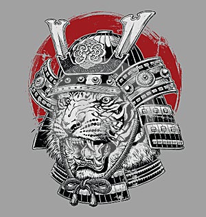Hand drawn highly detailed Japanese tiger samurai vector illustration on grey ground photo