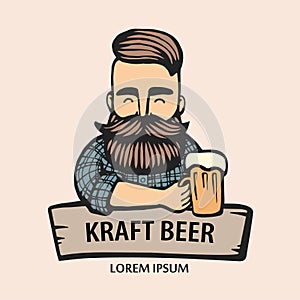 Hand-drawn hipster dude with mustache, beard with beer. Man with glass of alcohol. Vector logo. Stickers, logo, Emblem