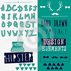 Hand drawn hipster typeface and set of design elements. Vintage font and alphabet vector, writing design typeface.