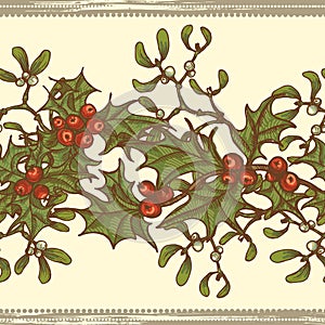 Hand drawn holly twigs and mistletoe seamless border