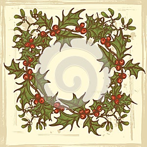 Hand drawn holly twigs and mistletoe wreath