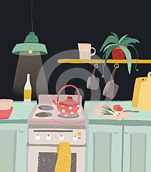 Hand drawn home cooking in cartoon style. Colorful doodle kitchen interior with kitchenware, kettle, oven, stove