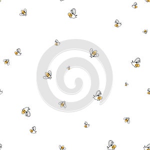 Hand drawn honey bee seamless pattern. Continuous line drawing style, white background.
