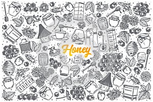 Hand drawn Honey doodle set with lettering