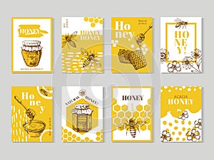 Hand drawn honey posters. Natural honey packaging with bee, honeycomb and hive vector design