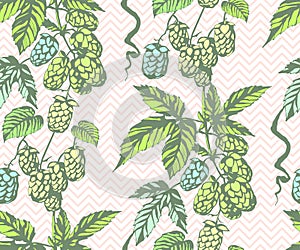 Hand drawn hop branch decorative background. Ethnic seamless pattern ornament. Vector pattern