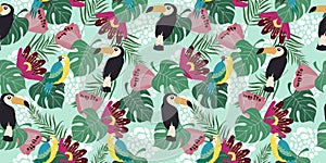 Hand drawn horizontal seamless pattern with tropical birds, flowers and leaves on blue background. Vector flat