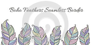 Hand drawn horizontal seamless vector border with boho feathers on white background.