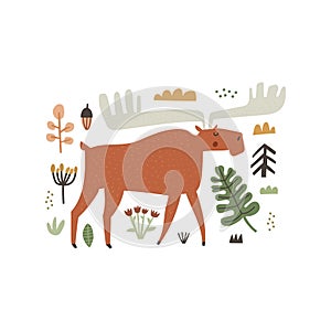 Hand drawn horned moose character and forest plants isolated on white background