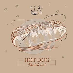 Hand-drawn hot dog with grilled sausage with mustard