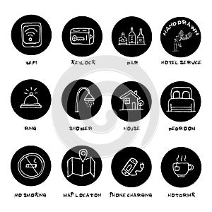 Hand drawn hotel accommodation amenities services icons set.