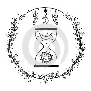 Hand drawn hourglass with sun and moon. Astrological symbol with clock. Magic time. Witch symbol for divination