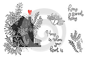 Hand drawn house with flowers and inscriptions. Home Sweet Home is where your heart is. Vector illustration in vintage