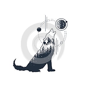 Hand drawn howling wolf textured vector illustration. Geometric style