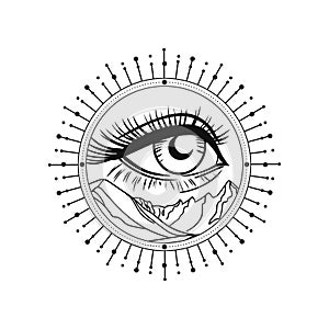 Hand drawn human eye with long eyelashes. Vector illustration