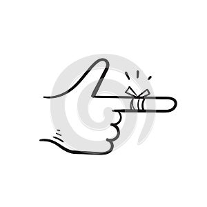 Hand drawn hurted finger with bandage icon, hurt injured finger illustration in doodle style