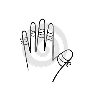 Hand drawn hurted finger with bandage icon, hurt injured finger illustration in doodle style