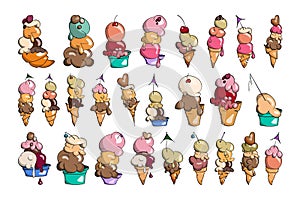 Ice cream Collection with ball and cone, doodle vector illustration, creamy chocolate, pistachio, vanilla and waffle