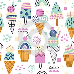 Hand drawn ice-cream delicious sundae and waffle cone with different cute geometric design
