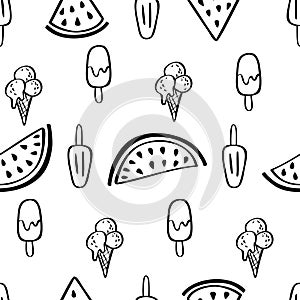 Hand drawn ice cream and watermelon in doodle style on white background