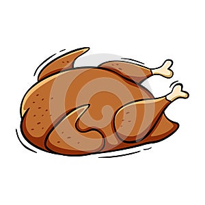 Hand drawn icon of roast turkey or grilled chicken in doodle style