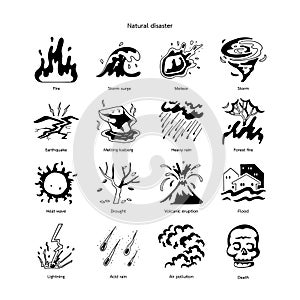 hand drawn icon set of natural disaster