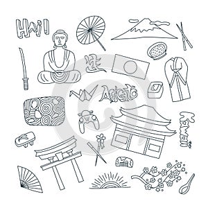 Hand drawn icons with Japan symbols - Kimono sakura flag buddha rice sushi stone garden origami. Stickers, pins and