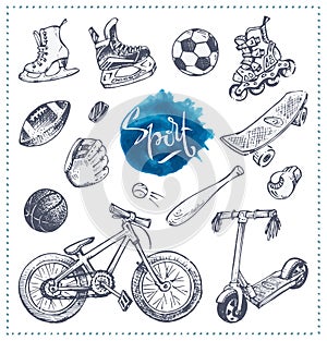 Hand drawn icons of sport equipment. Vector sketch