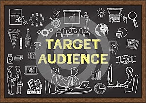 Hand drawn icons about Target audience on chalkboard