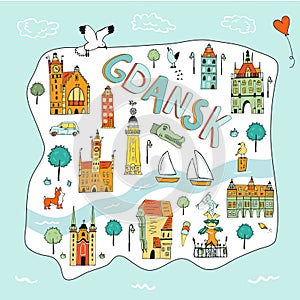 Hand drawn illustrated map of Gdansk