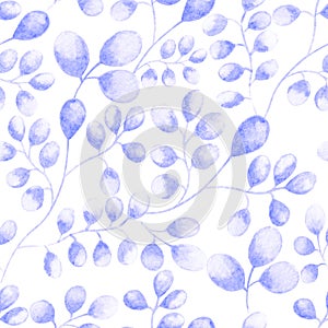 Hand drawn illustrated watercolor ornament with purple violet wild meadow plants with round leaves.