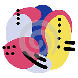 Hand drawn illustration with abstract modern shapes. Bright vibrant geometric blobs circles with black dots lines curves