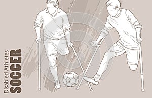 Hand drawn illustration. Amputee Football players. Vector sketch sport. Graphic silhouette of disabled athletes on