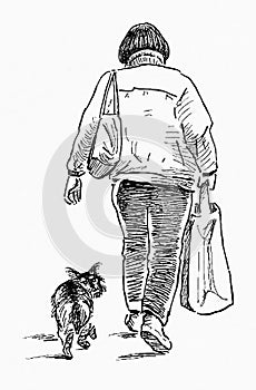 Hand drawn illustration of back view casual passerby city woman walking with small lap dog outdoors and carrying bag