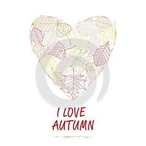 Hand drawn illustration. Background heart of autumn leaves. I love autumn.