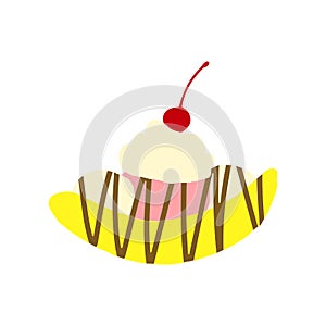 Hand drawn illustration of banana split ice cream with whipped cream and cherry on top in bright colors. Isolated on