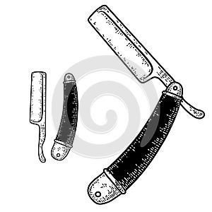 Hand drawn Illustration of barber razor in engraving style. Design element for logo, label, sign. badge.