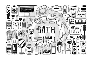 Hand drawn illustration beauty products. Creative ink art work. Actual vector bath drawing